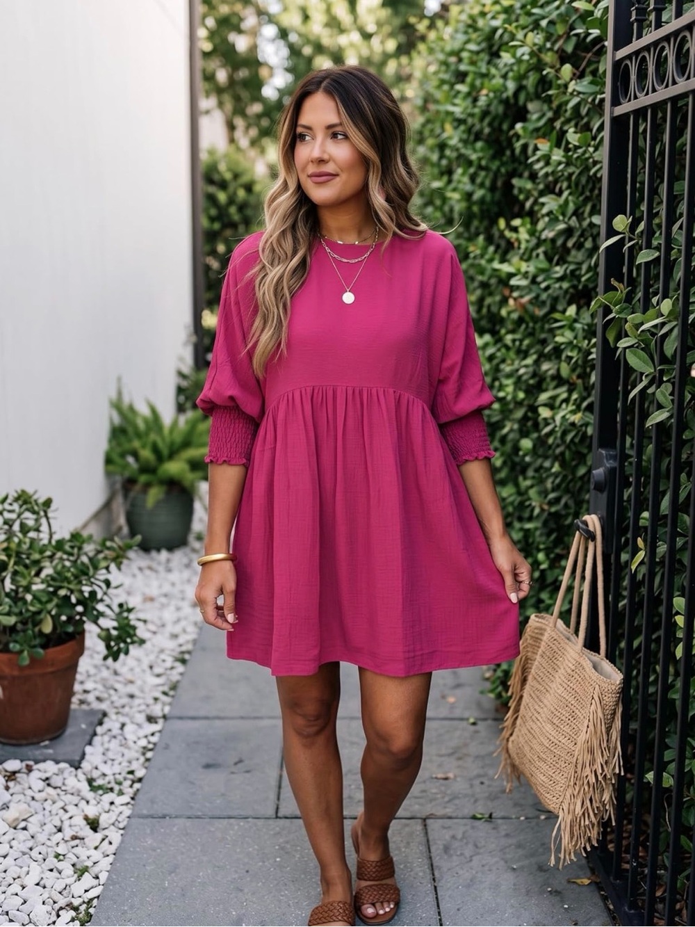 NWOT Dokotoo Pink Womens Empire Waist 3/4 Sleeve Casual Babydoll Mini Dress XL